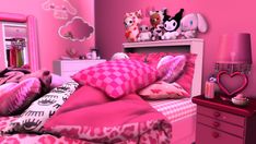 a bed with pink sheets and pillows in a room decorated for valentine's day