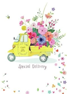 a yellow truck filled with lots of flowers on top of a white background that says special delivery