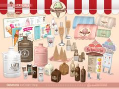 an assortment of ice cream and gelato shop related items are shown in this image