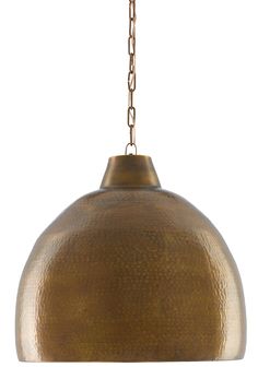 a large brass colored metal light fixture with chain hanging from the bottom, on an isolated white background