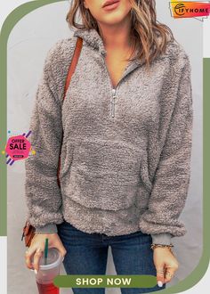 Gray 1/4 Zip Hooded Sherpa Sweatshirt with Kangaroo Cozy Half-zip Top With Pockets, Winter Half-zip Sweatshirt With Kangaroo Pocket, Fall Fleece Tops With Kangaroo Pocket, Winter Half-zip Sweatshirt With Pockets, Winter Half-zip Tops With Pockets, Cozy Long Sleeve Sweater With Kangaroo Pocket, Cozy Long Sleeve Tops With Kangaroo Pocket, Cozy Fit Hooded Tops With Kangaroo Pocket, Cozy Half-zip Winter Hoodie