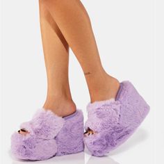 Brand New, No Box Y.R.U. Lavender Gravity Faux Fur Sandals Size 8 Purple Wedges, Purple Slippers, Wedge Slippers, Yru Shoes, Faux Fur Sandals, Pink Platform Heels, Feather Heels, Dolls Kill Shoes, Purple Sandals