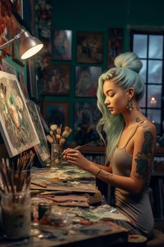 a woman with blue hair is painting in an artist's studio