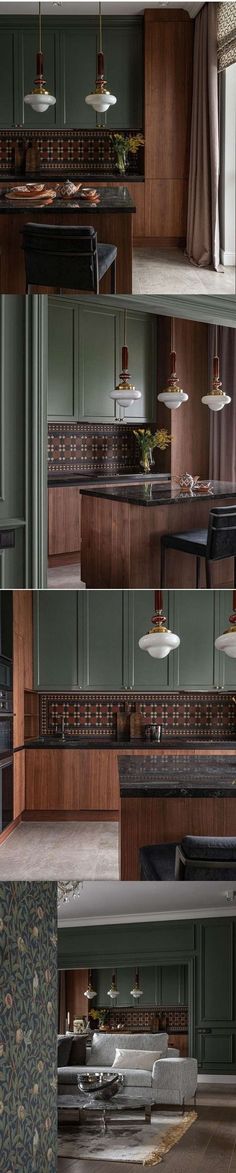 the interior of a kitchen with green cabinets and marble counter tops in different stages of construction