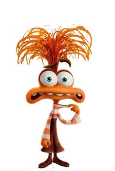 a cartoon character with big eyes and orange feathers on his head, standing in front of a white background