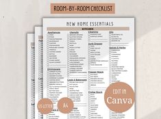 the room - by - room checklist for new home essentials is shown here