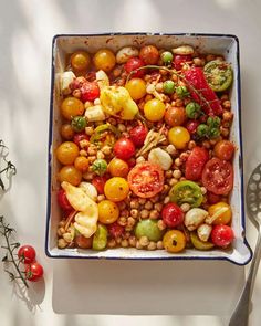 a square dish filled with lots of different types of tomatoes, beans and broccoli