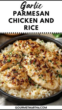 garlic parmesan chicken and rice in a skillet with the words garlic parmesan