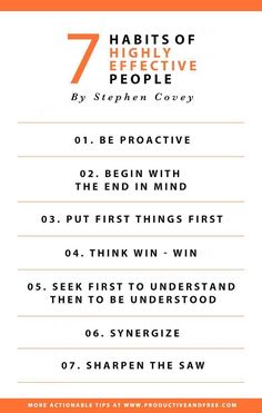 the seven habitts of effective people by stephen covey, with an orange and white background