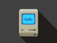 an old computer monitor with the word hello written on it's screen, in front of a dark background