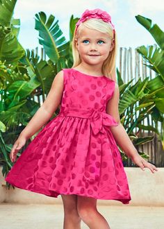 Girls jacquard dots dress with front bow sash Bow Sash, Dots Dress, Structured Dress, Fuchsia Dress, Jacquard Dress, Dress Girl, 80 Dress, Girl With Hat, Western Dresses