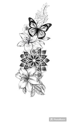 a black and white drawing of flowers with butterflies