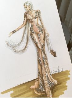 a drawing of a woman with long hair in a gold dress and purse on the floor