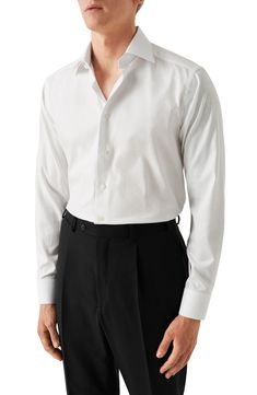 Cut in a contemporary silhouette, this sharp dress shirt is constructed from high-performance, crease-resistant cotton and finished with a refined cutaway collar. Back darts gently ease the width to deliver a fit that feels comfortable all day. French placket Cutaway collar with collar stays Convertible French cuffs 100% cotton Machine wash, line dry Imported Cutaway Collar, Collar Stays, Walker Shoes, Holiday Pajamas, Platform Slippers, Denim Leggings, Skin Care Women, Fabric Gifts, Free Fabric