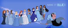 many disney princesses are dressed up in blue and white dresses, with the words make it blue above them