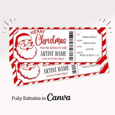 two red and white christmas movie tickets with santa clause on them, one is for the artist