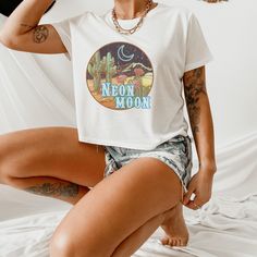 Neon moon crop top and oversized tshirt. Women's Neon Moon Crop Top Tee. Music Festival Graphic Tee T-shirt Soft-washed, Fun Summer Festival T-shirt, Trendy White Festival T-shirt, Hippie Short Sleeve T-shirt For Music Festival, Trendy White T-shirt For Festivals, Pre-shrunk T-shirt For Summer Music Festival, Soft-washed Short Sleeve Tops For Festival, Summer Festival Graphic Tee Tops, Summer Festival Fun T-shirt