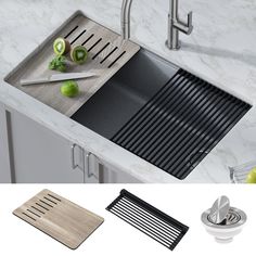 kitchen sink with cutting board, strainer and grater