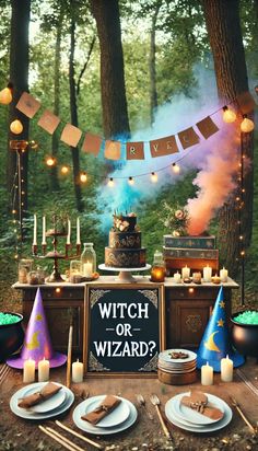 a witch themed birthday party with candles, cake and desserts on a table in the woods