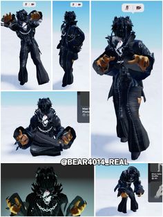 four different pictures of an action figure in black and gold armor, with the caption'bear 1044 real'above them