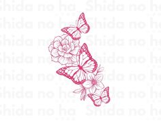 pink butterflies and flowers on a white background