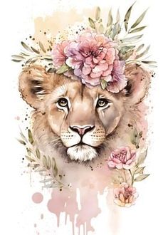 a watercolor painting of a lion with flowers on its head and leaves around it