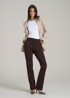 About Our Slacks for Tall Women The search for extra-long women's dress pants is over. Whether you're meeting clients to close a deal or walking into a big job interview, you need an outfit that's going to make you look good and feel confident. Finding options when you're vertically blessed can be tough, which is why we designed this pair of slacks for tall women between 5'9” and 6'6”. They have an extra-long inseam with a turn-up hem, a slim straight fit that will flatter your long legs and a h Office Dress Pants With Pockets And Full Length, Office Dress Pants With Pockets Full Length, Full Length Office Dress Pants With Pockets, Office Full-length Dress Pants With Pockets, Fitted Trousers For Office Lady, Fitted Trousers Dress Pants For Office Lady, Fitted Dress Pants For Fall Office Wear, Fitted Dress Pants For Office, Fitted Dress Pants For Business