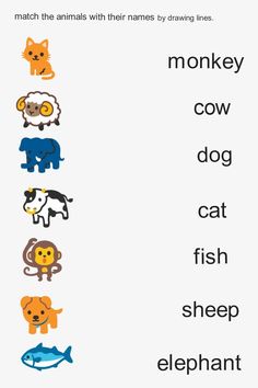 an animal worksheet with the words monkey, cow, fish, and elephant