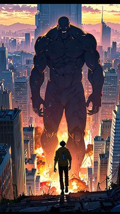 a man standing on top of a tall building next to a giant monster in the city