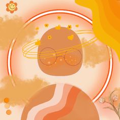 an orange and yellow background with the sun, clouds, and stars above it is a cartoon character wearing glasses