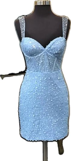 Light Blue Fitted Mini Dress With Spaghetti Straps, Light Blue Fitted Mini Dress For Prom, Blue Bodycon Dress With Sweetheart Neckline, Light Blue Spaghetti Strap Cocktail Dress, Corset Homecoming Dress, Dress Glitter, Sequin Fabric, Homecoming Dress, Homecoming Dresses