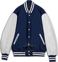 Blue College Track Jacket With Pockets, Blue Track Jacket With Pockets For College, Blue Varsity Jacket With Baseball Collar, Casual Blue Varsity Jacket, Blue Varsity Jacket With Pockets, White Stand Collar Outerwear For College, Blue Winter Varsity Jacket For College, Blue Varsity Jacket For College In Winter, Blue Winter Track Jacket For College