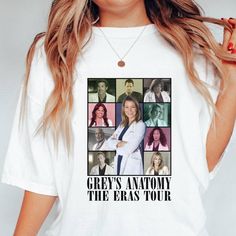 a woman wearing a grey's anatomy the erase tour t - shirt with photos on it