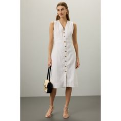 Off-white striped (Shell: 53% Linen, 45% Viscose, 2% Elastane; Lining: 100% Cotton). Casual dress. Sleeveless. V-neck. Back zipper closure. 43" from shoulder to hemline. Imported. Cotton Casual Dress, Pinstriping Designs, Rent The Runway, Closet Designs, Club Monaco, Pencil Dress, Dress Sleeveless, Blue Print, V Neck Dress