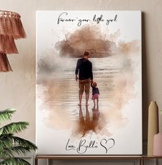 a watercolor painting of a father and daughter holding hands