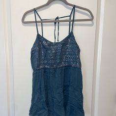 Blue Top With Beading Straps Tie In Back Tags Attached Blue Sequined Summer Tops, Blue Sequined Tops For Summer, Casual Beaded Tops For Summer, Casual Beaded Tops For Beach, Blue Bohemian Beaded Top, Casual Beaded Tops For The Beach, Bohemian Beaded Blue Top, Bohemian Blue Beaded Top, Blue Beaded Tops For Spring