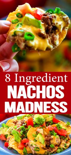 the cover of eight ingredient nachos madness, with an image of a hand holding