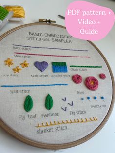 the embroidery pattern and video guide is displayed on a table with scissors, thread, and needles