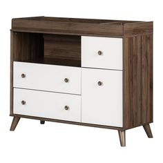 a white and brown dresser with two drawers