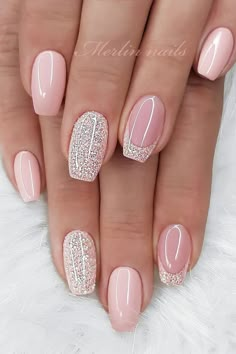 37 Trendy Ballerina Nails Designs for a Cute & Classy Manicure Elina Nail Art, Classy Gel Manicure Ideas, Wedding Nails For Bride Light Pink, French Nail Designs Ballerina, Nails Shimmer Sparkle, Pale Pink Ballerina Nails, Mother Of Bride Nails Pink, Blush Pink And Silver Nails, Pink Short Ballerina Nails