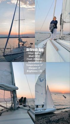 two photos of the same person on a sailboat at sunset and an airbrush app