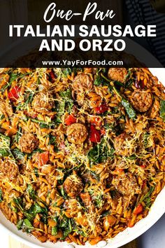 one pan italian sausage and orzo in a white dish with the title overlay