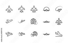 set of airplane icons on white background, simple line art design for web and mobile app