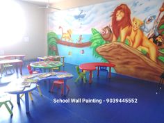 the children's room is decorated with murals and tables, chairs, and stools