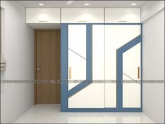 an empty room with blue and white doors