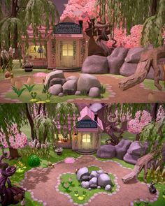 an animated scene with trees, rocks and flowers in the foreground is a pink house