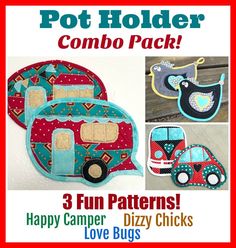 three different patterns for the pot holder combo pack