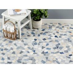 a bathroom with blue and white mosaic tiles on the floor, potted plant next to it