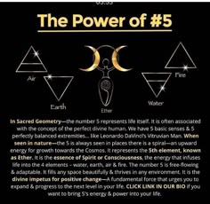 the power of 5 is written in gold on a black background with an image of two moon