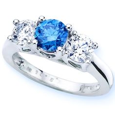 three stone blue and white diamond ring